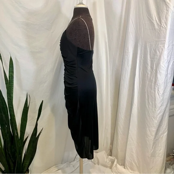 Vintage 1970s Ruched Stretch Knee-Length Disco Dress w/ Rhinestone Straps - Picture 6 of 16